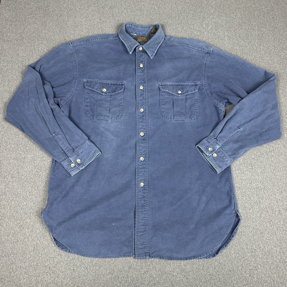 Vintage 80s Eddie Bauer Chamois Shirt Large Tall Black Tag USA Flannel Blue